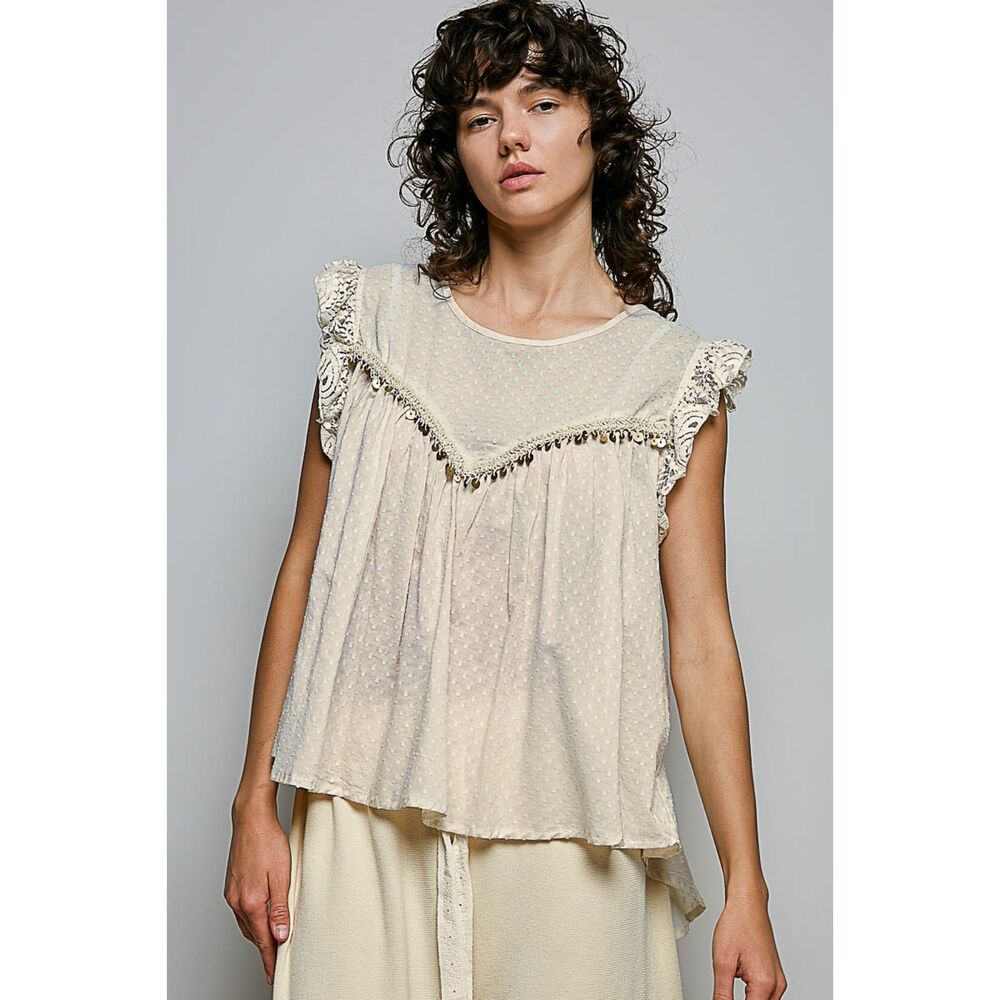 POL Artisanal Lace & Metallic Disc Detail Sleeveless Blouse Size S